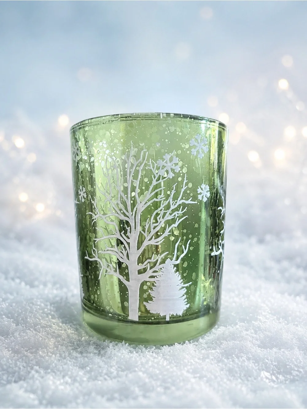 Set of 2 Green Glass Winter Forest Votive Candle Holders